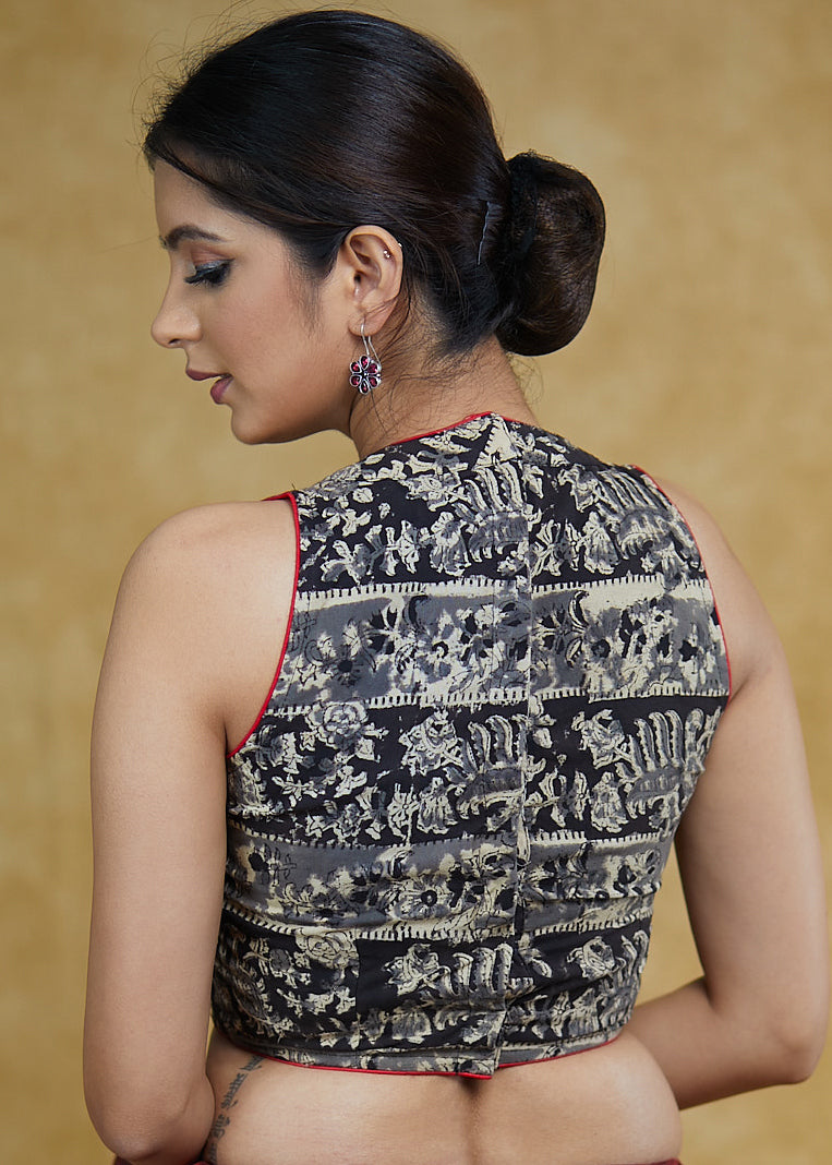 Exclusive Cotton Grey Sleeveless Blouse with Black Detailing