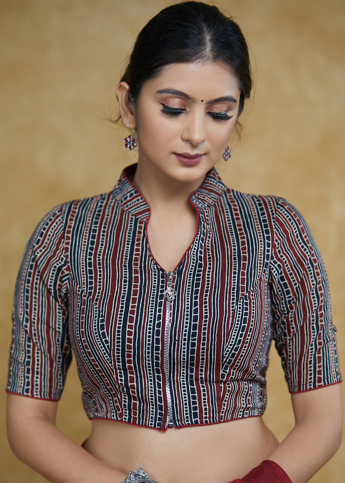 Standout Blue Line Ajrakh Cotton Blouse with Silver Zip and Mandarin Collar