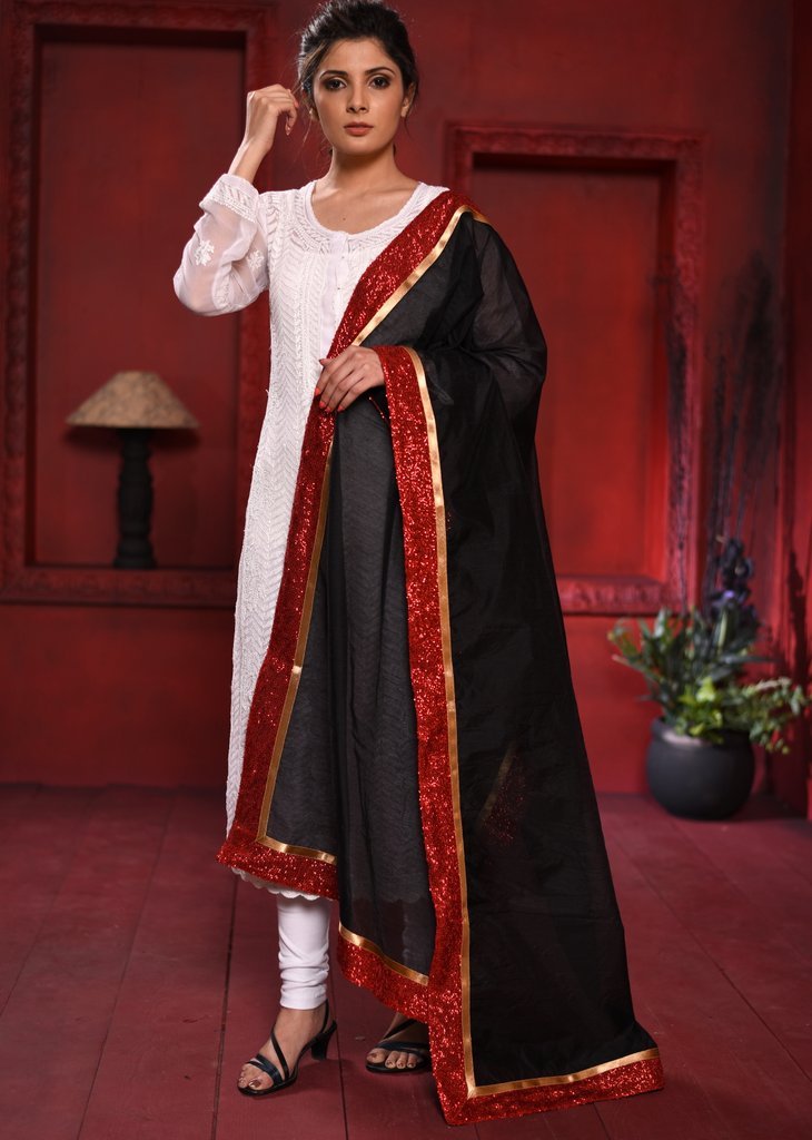 Black chanderi dupatta with zari border