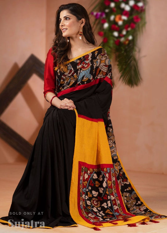 Black Semi silk saree with hand painted kalamkari border