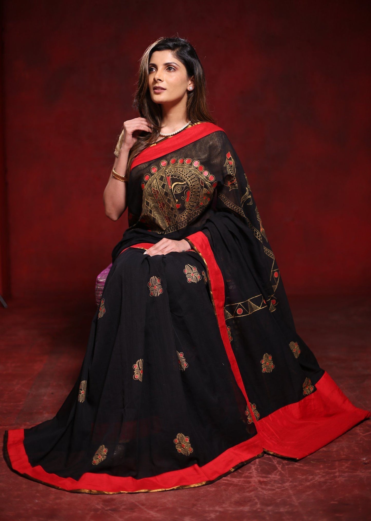 Exclusive hand painted black chanderi saree with madhubani art - Sujatra