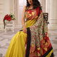 Exquisite gond tribal art painted saree with lemon yellow chanderi combination saree - Sujatra