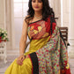 Exquisite gond tribal art painted saree with lemon yellow chanderi combination saree - Sujatra