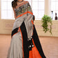 Grey chanderi saree with hand painted madhubani work in front and ikat patch on pallu