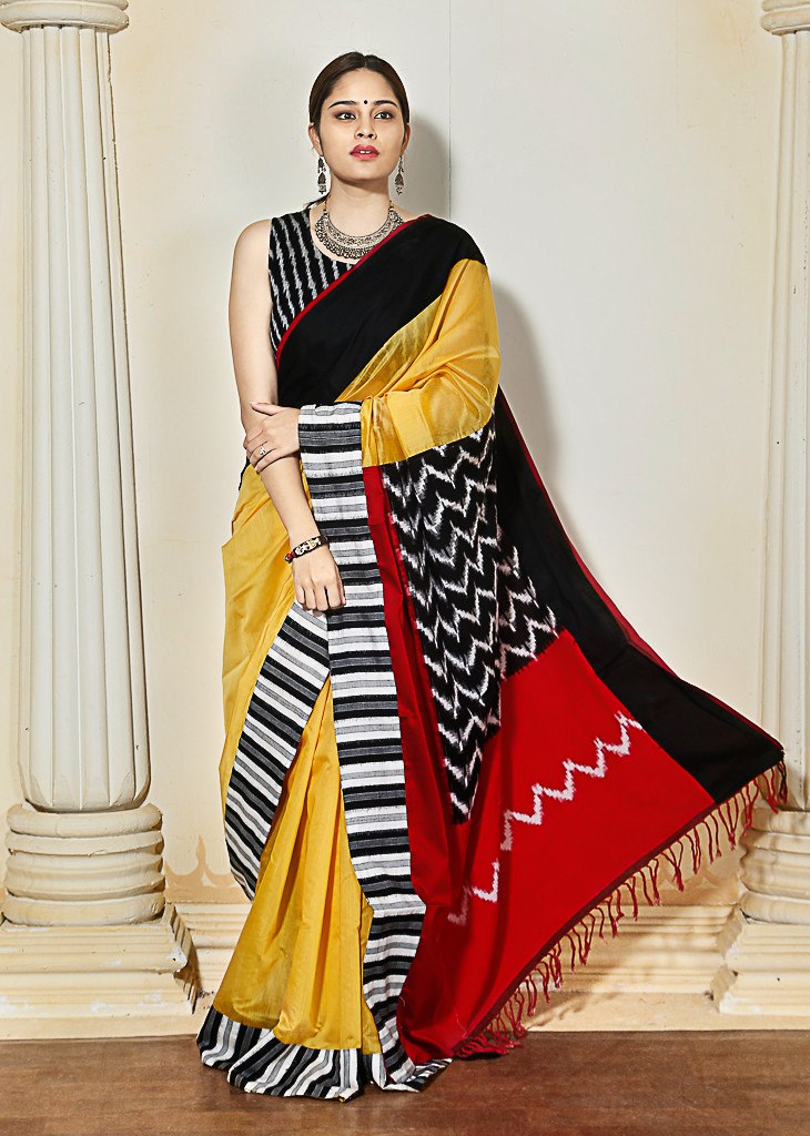 Yellow chanderi with ikat pallu & Ikat border - Sujatra