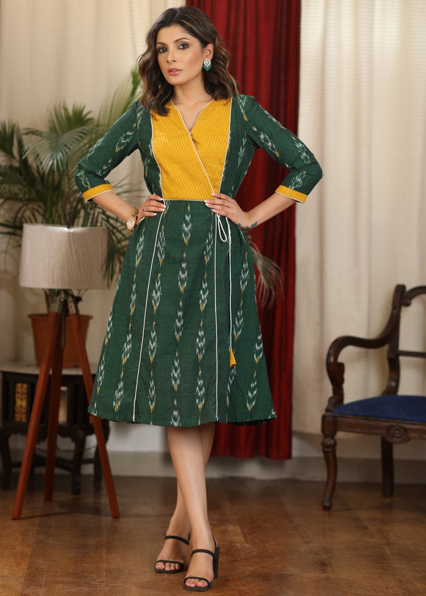 Bottle green ikat with mustard pintex yoke combination dress