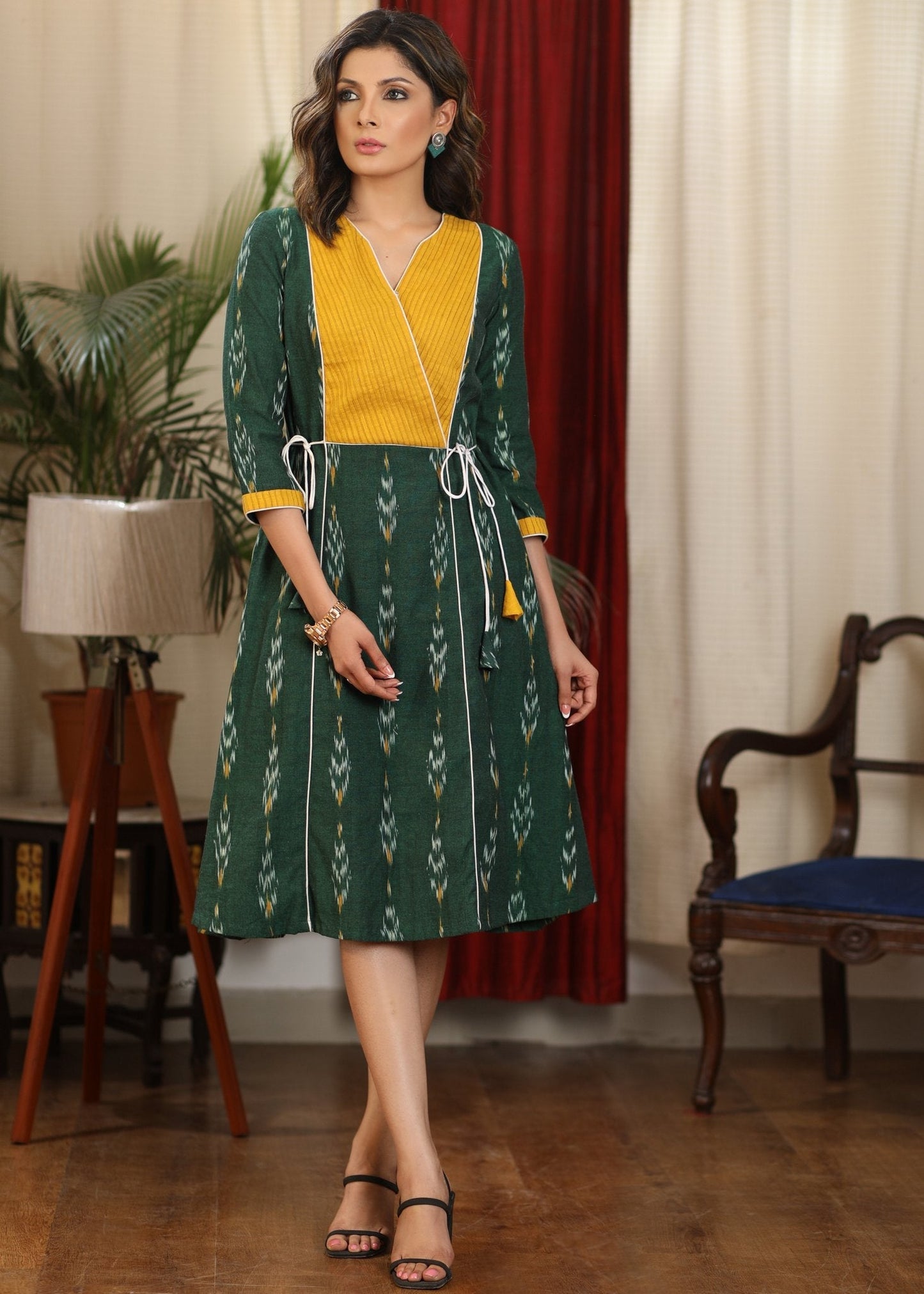 Bottle green ikat with mustard pintex yoke combination dress