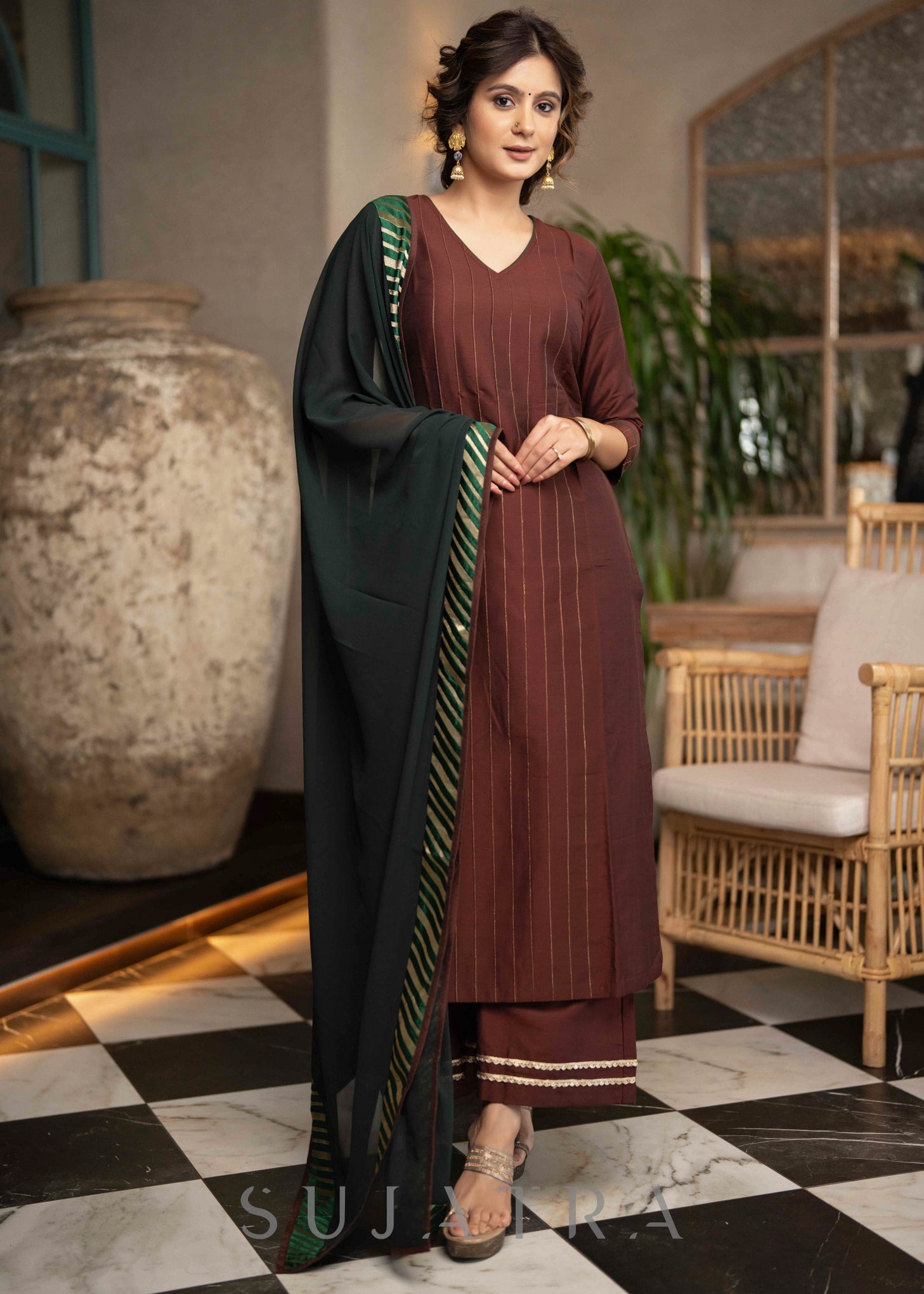 Stylish Brown Cotton Silk Pant & Kurta With Pin tucks In Front & Emerald Green Detailing -  Dupatta Optional