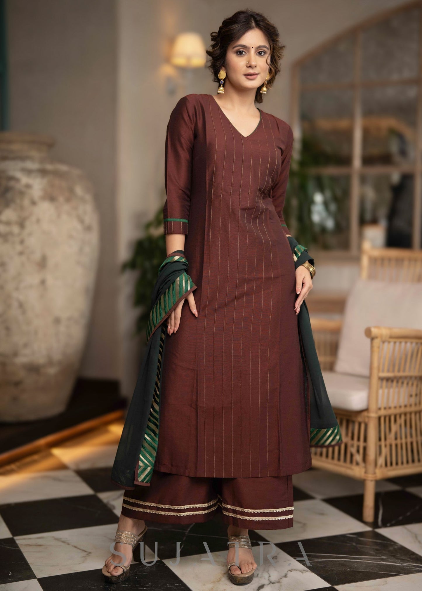 Stylish Brown Cotton Silk Pant & Kurta With Pin tucks In Front & Emerald Green Detailing -  Dupatta Optional