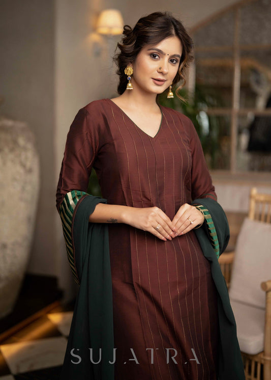 Stylish Brown Cotton Silk Pant & Kurta With Pin tucks In Front & Emerald Green Detailing -  Dupatta Optional