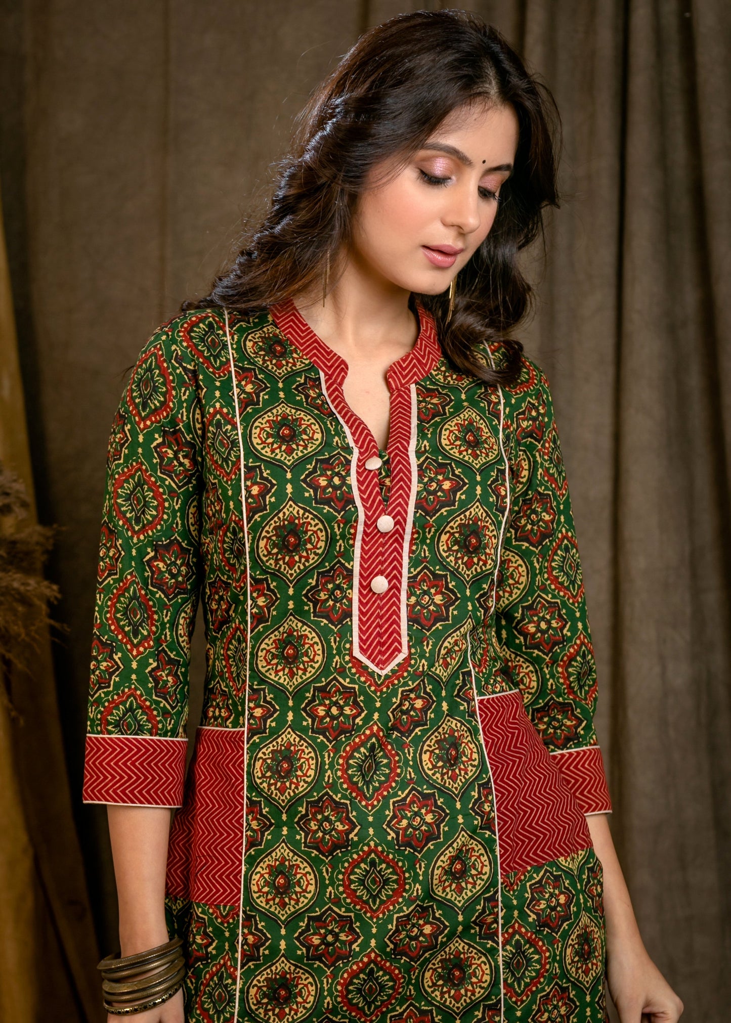 Elegant Straight Cut Cotton Ajrakh Printed Kurta with Maroon Zigzag Pockets - Pant Optional