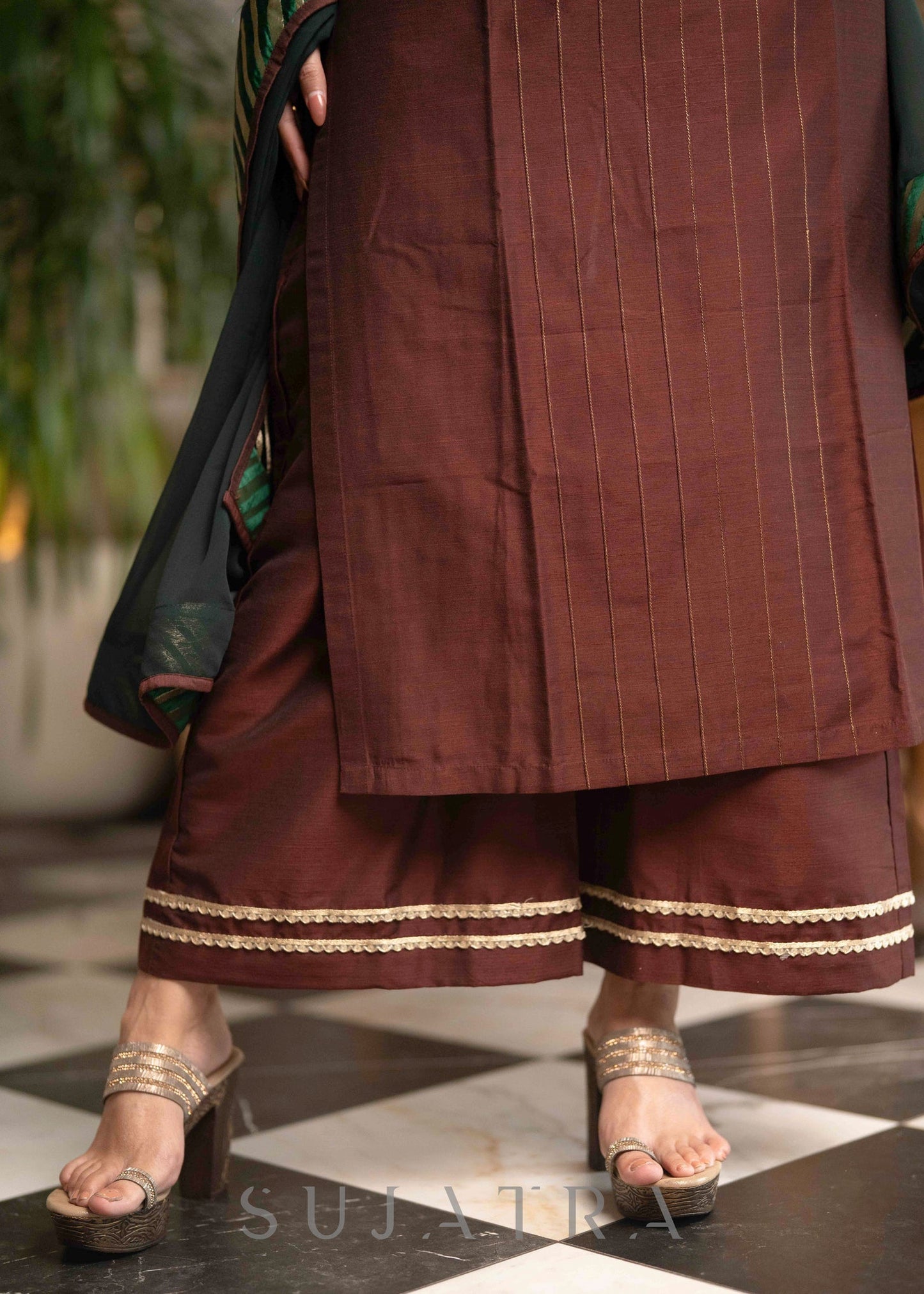 Stylish Brown Cotton Silk Pant & Kurta With Pin tucks In Front & Emerald Green Detailing -  Dupatta Optional