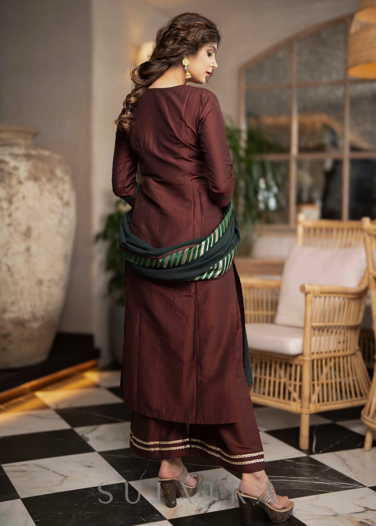 Stylish Brown Cotton Silk Pant & Kurta With Pin tucks In Front & Emerald Green Detailing -  Dupatta Optional