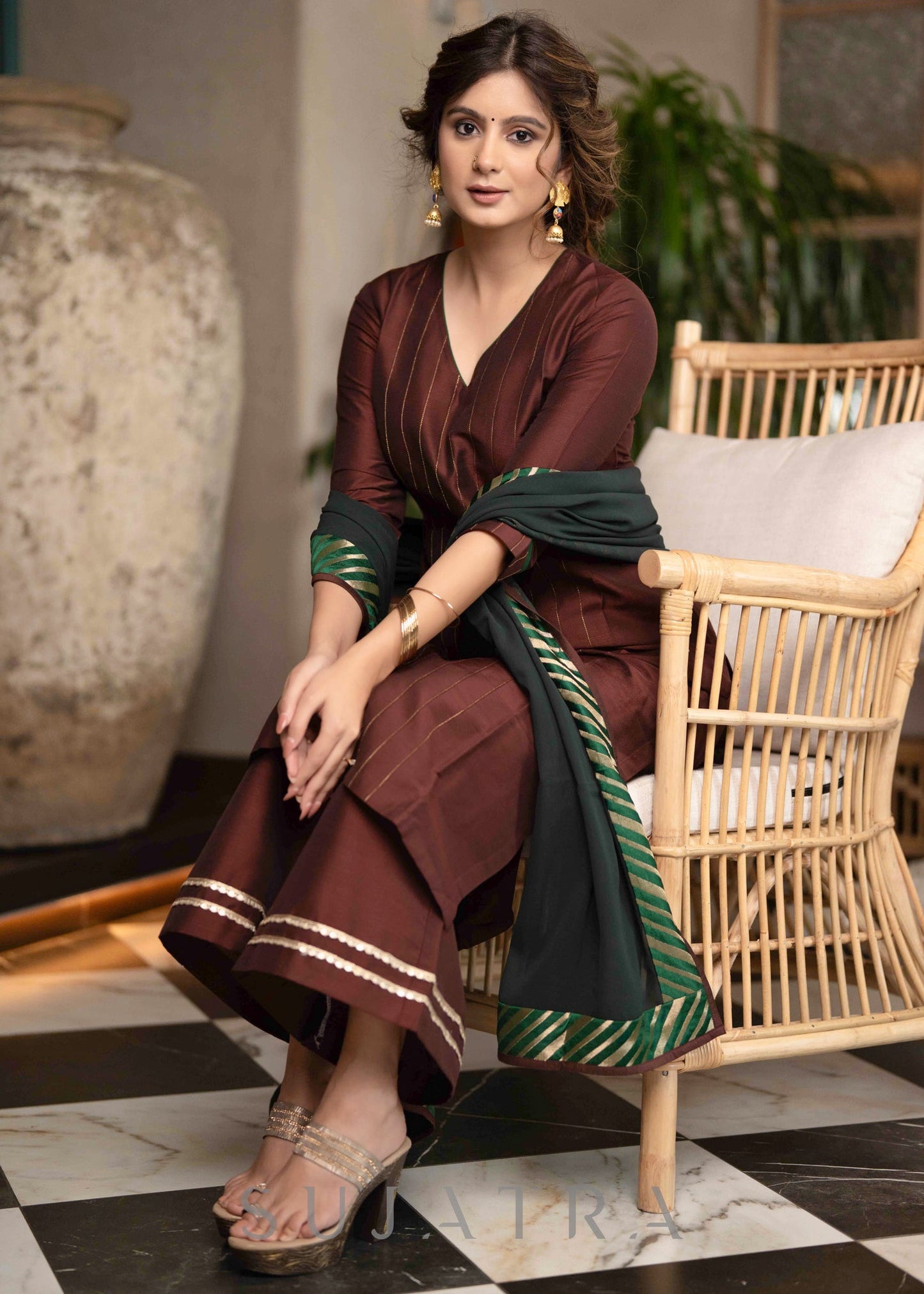 Stylish Brown Cotton Silk Pant & Kurta With Pin tucks In Front & Emerald Green Detailing -  Dupatta Optional