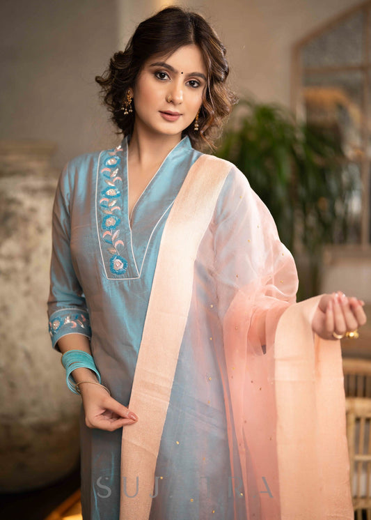 Beautiful Firozi Blue Chanderi Pant &Kurta With Glass Beadwork On Neckline & Sleeves -  Dupatta Optional