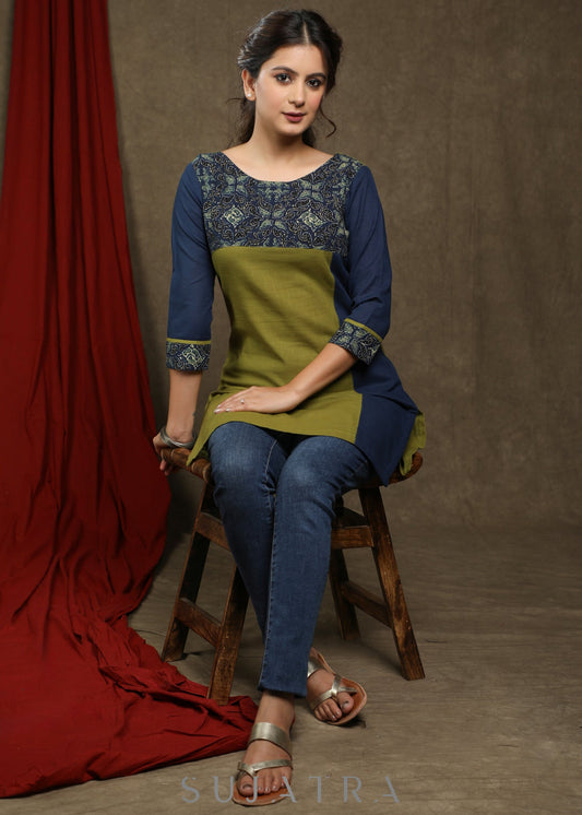 Stylish olive green cotton with ajrakh combination tunic