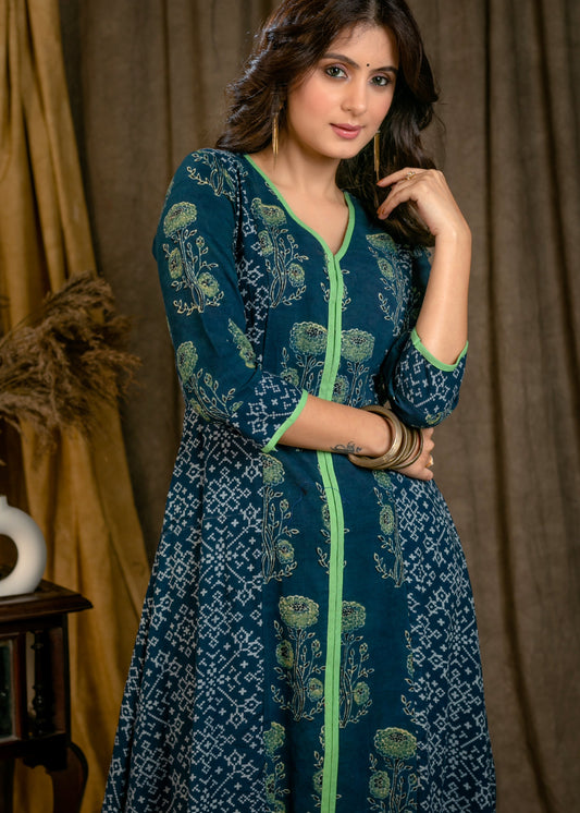 Classy Cotton Indigo and Ajrakh Combination A-Line Kurta with Contrast Green Detailing - Pant Optional