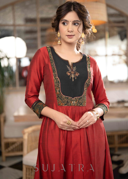 Beautiful A Line Maroon cotton Silk Kurta With Ajrakh Patchwork On Yoke -  Pant Optional