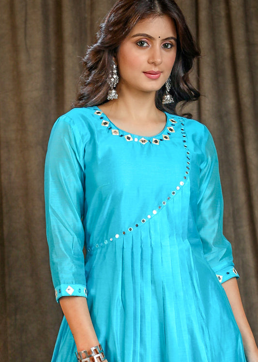 Exclusive Light Blue Chanderi Kurta with Mirrorwork On Yoke - Contrast Mirror Work Pant Optional