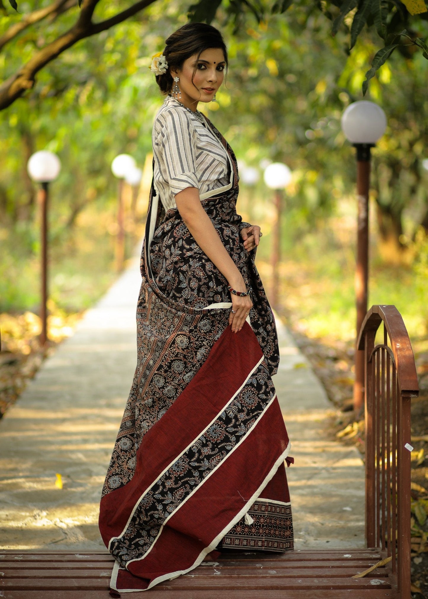 Exclusive block printed Ajrakh & maroon handloom cotton combination saree