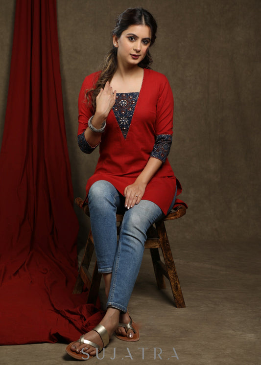 Elegant maroon cotton tunic with ajrakh combination highlighted with beautiful pearls