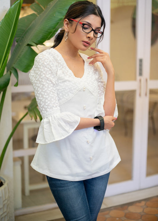 Beautiful White Cotton Top with Embroidered Yoke Highlighted with Lace and Moti Buttons