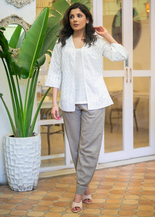 Classy White Cotton Embroidered Jacket with White Inner