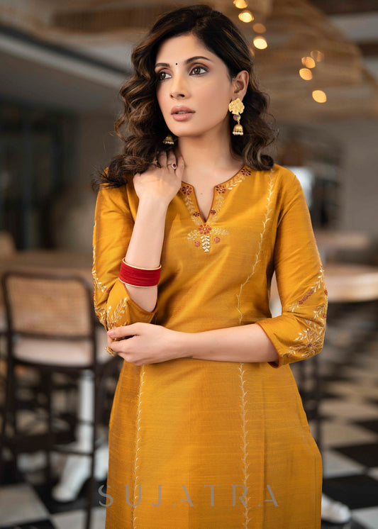 Elegant Mustard Cotton Silk Pant & Kurta With Gold Rust Embroidered Detailing - Dupatta Optional