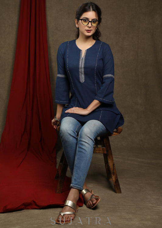 Exclusive navy blue cotton tunic highlighted with beautiful borders