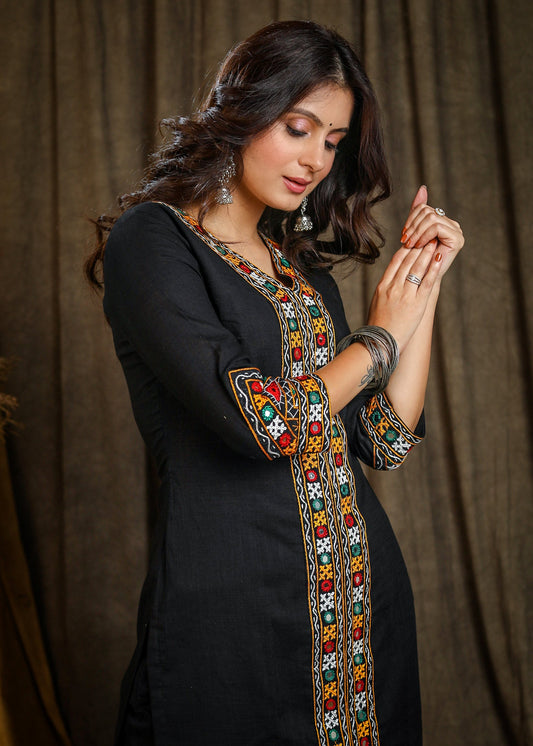 Black Cotton Straight Kurta with Beautiful Handmade Kutch Mirror Work Embroidery Allover - Pant Optional