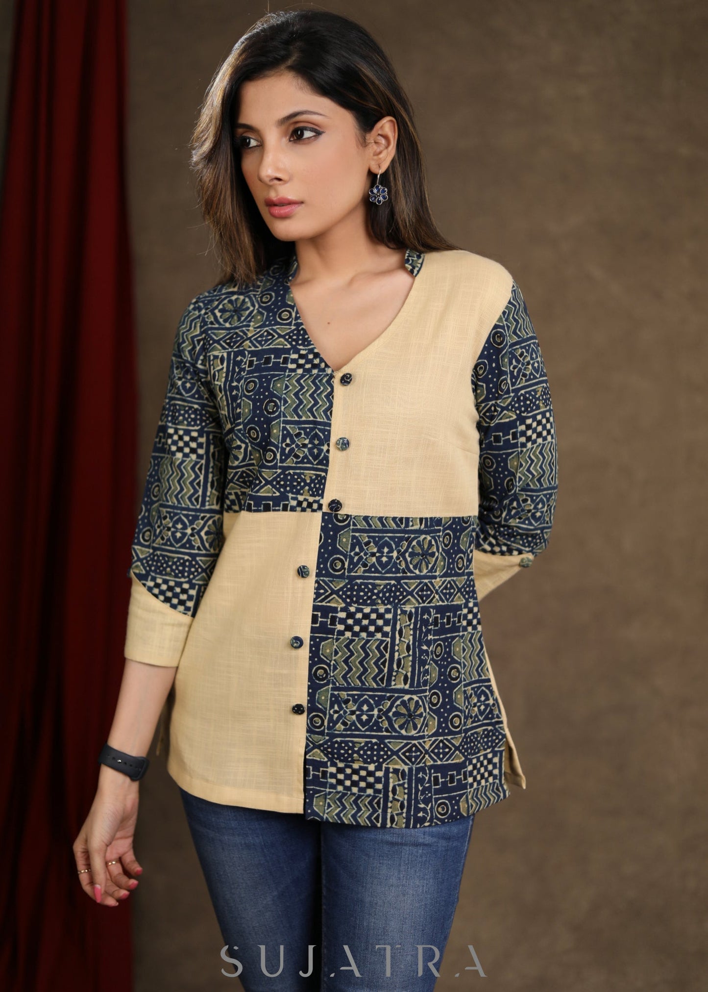 Beige Cotton Ajrak Combination Top