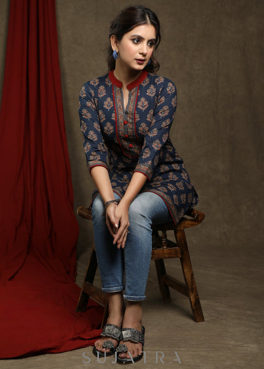 Trendy navy blue cotton printed ajrakh tunic