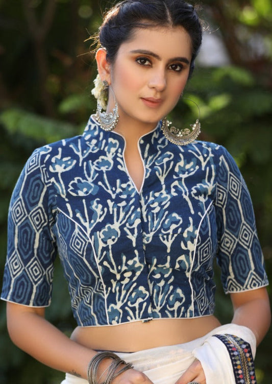 Elegant Floral Combination Indigo Collar Blouse