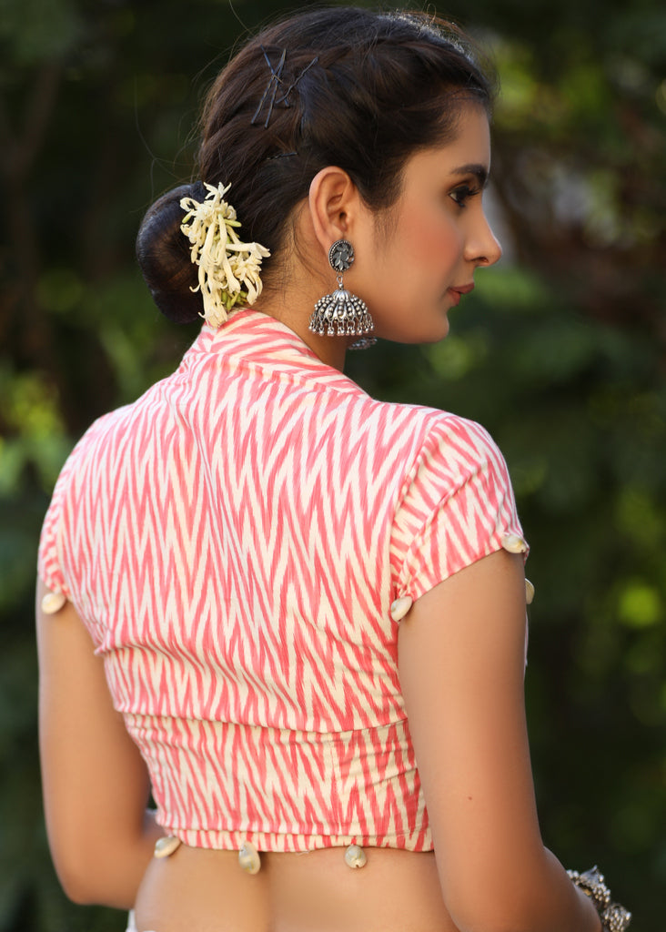 Sweet Pink Ikat Cap Sleeves Blouse with Shells Detailing