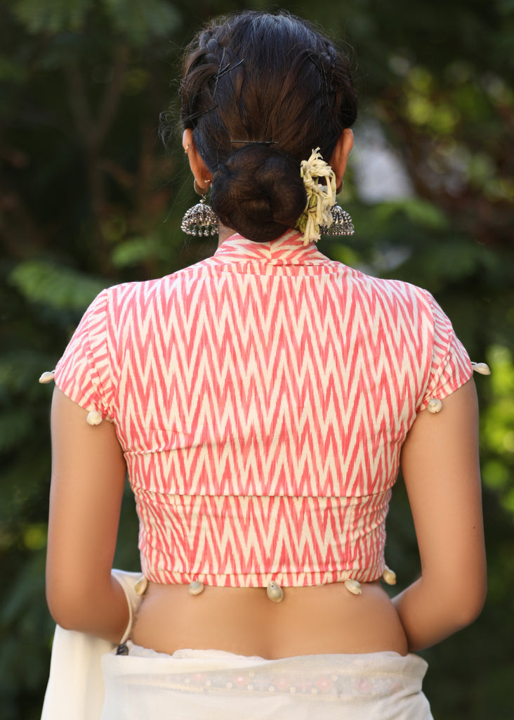 Sweet Pink Ikat Cap Sleeves Blouse with Shells Detailing