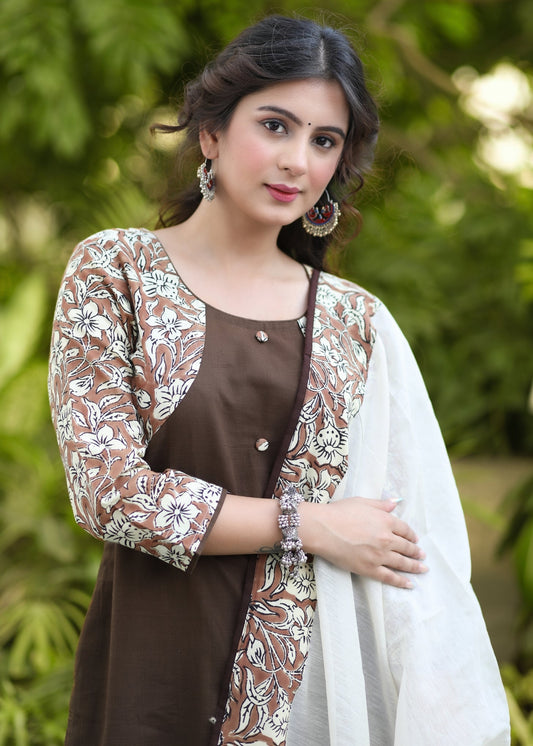 Beautiful Coffee Brown Cotton Kurta Pant Set - Dupatta Optional