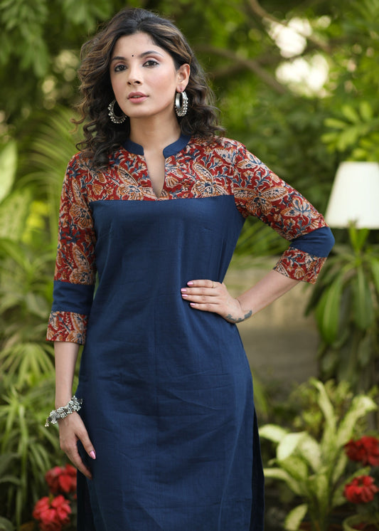 Smart Navy Blue Cotton Kurti with Kalamkari Yoke and Sleeves - Pant Optional