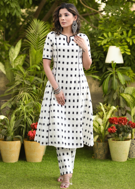 Beautiful Cotton White pure double Ikat Kurta - Pant Optional