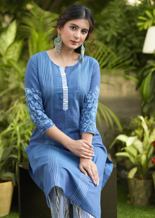 Trendy Cotton Blue Embroidered Kurti - Ikat Pant Optional