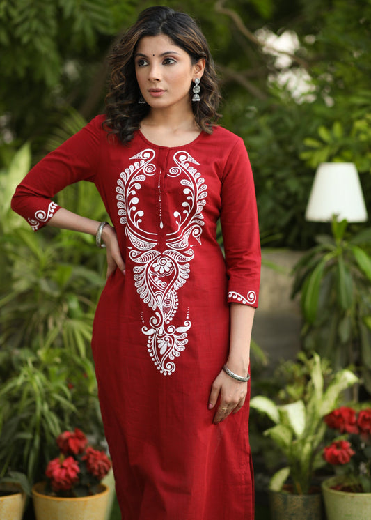 Smart Cotton Maroon hand painted kurti - Pant Optional