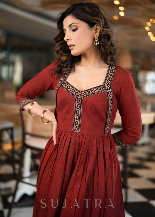 Stylish Maroon Handloom A Line Kurta With Ajrakh Border On Yoke With Slip  - Pant Optional