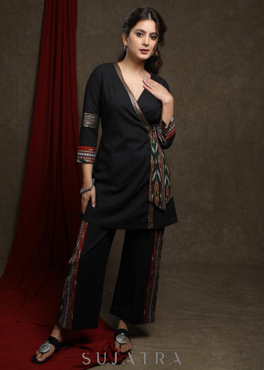 Black Overlap tunic with gold sequence work & ikat detailing - Pant optional