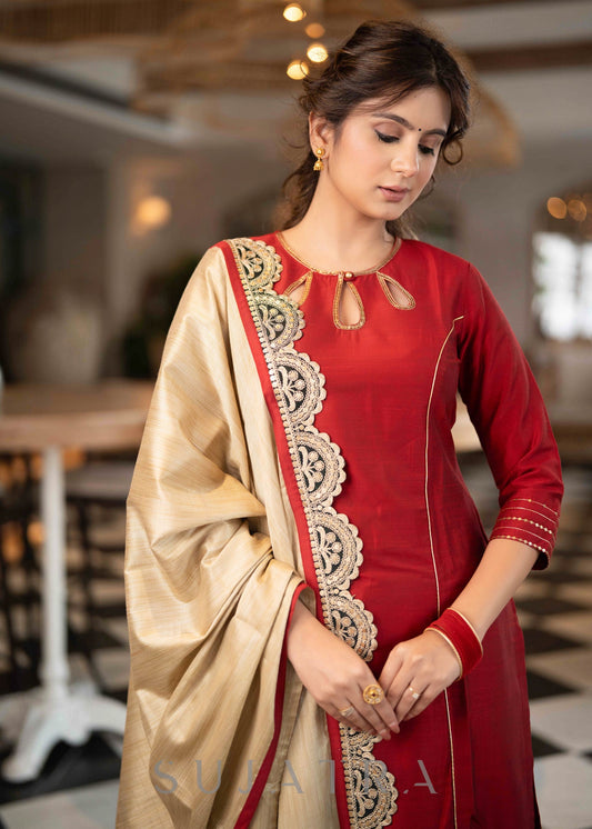 Beautiful Maroon Cotton Silk Pant & Kurta With Sequence Work On Neckline - Dupatta Optional