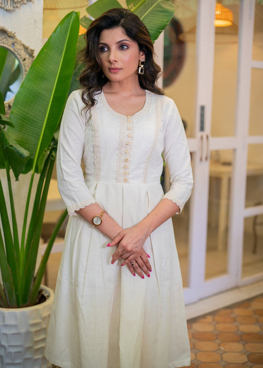 Classy White Cotton Dress with Lace Work on Yoke