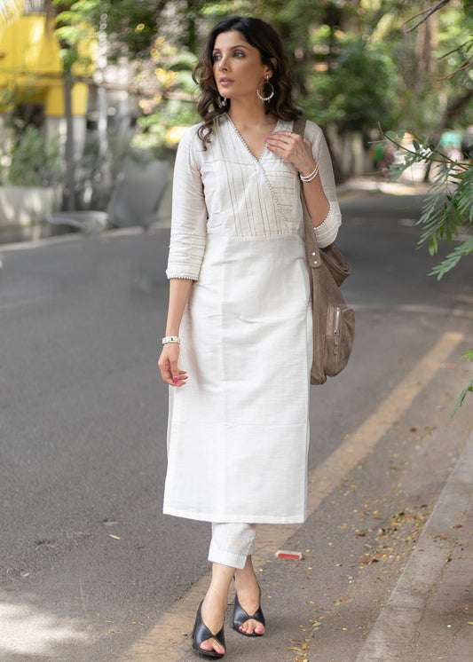 Trendy White Cotton Silk Straight Cut Kurta with White Bead Work on Neckline and Sleeves - Pant Optional