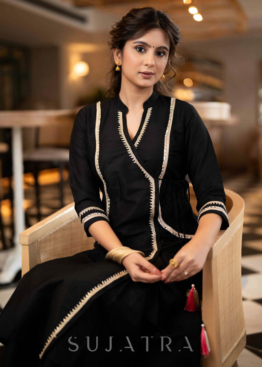 Exclusive Black Cotton Silk Kurta With All Over Lace Work & Side Dori  - Pant Optional