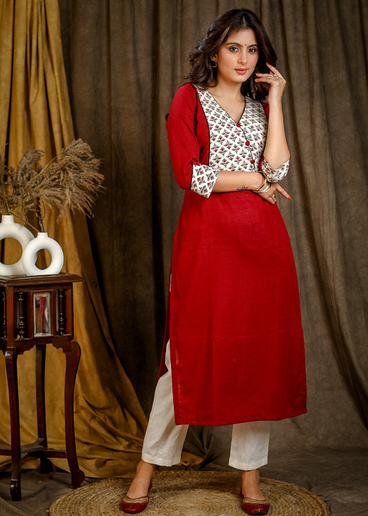 Smart Straight Cut V Neck Cotton Kurta with Contrast Printed Yoke - Pant Optional