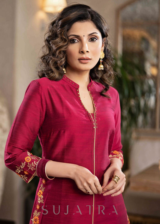 Beautiful Magenta Cotton Silk Pant &Kurta With Embroidery On Sides & Sleeves  - Dupatta Optional