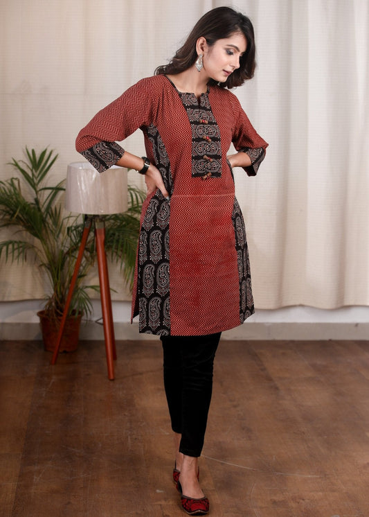 Exclusive Ajrakh paisley printed combination tunic