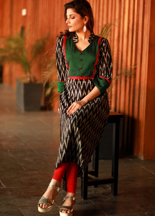 A-line Cotton Ikat Kurti with contrasting Khun yoke